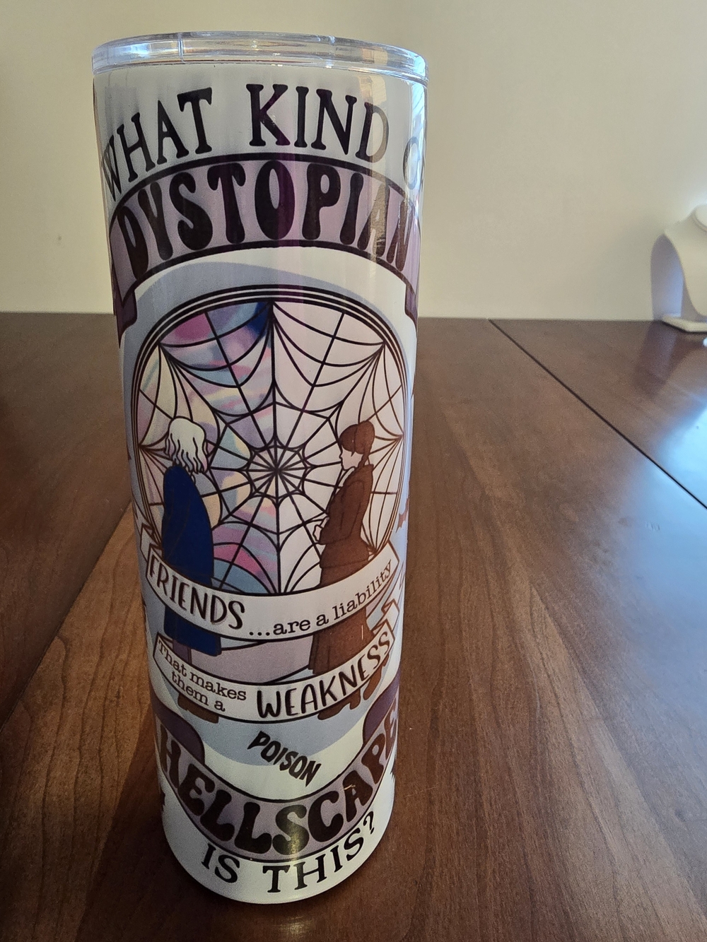 What Kind of Dystopian? Decorative White and Purple Tall Tumbler